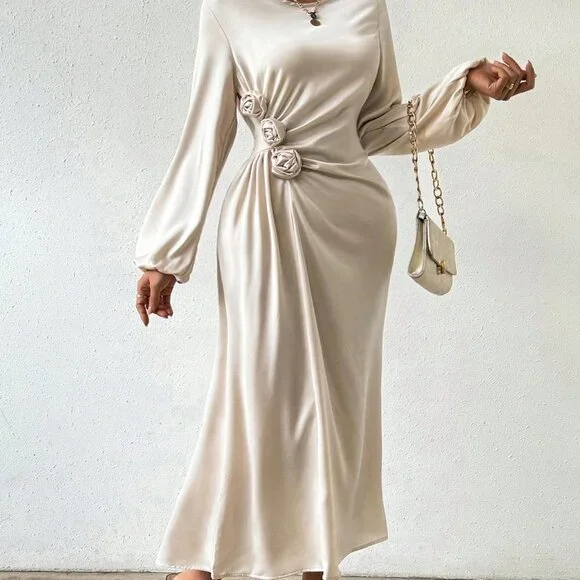 Apricot Preppy WomensWomen's Round Neck 3d Flower Decorated Lantern Sleeve Dress - Picture 4 of 5